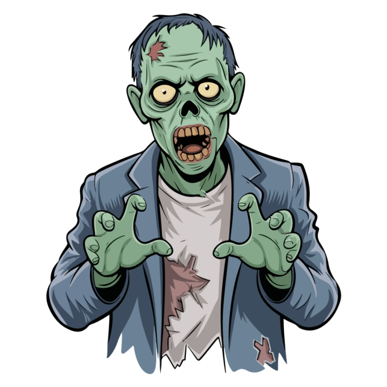 a cartoon zombie in a suit pointing at the camera