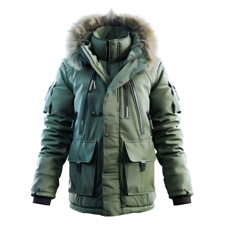 a green parka jacket with a fur hood