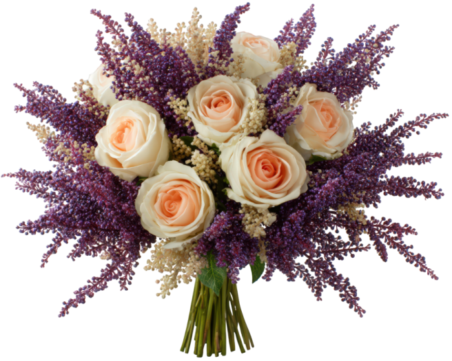 a bouquet of white roses and lavenders