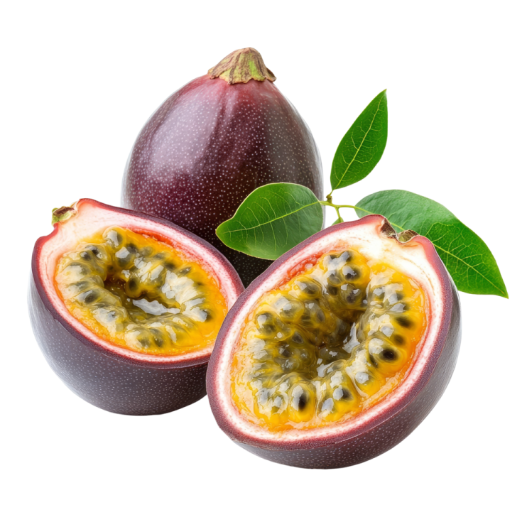 a passion fruit cut in half on a white background