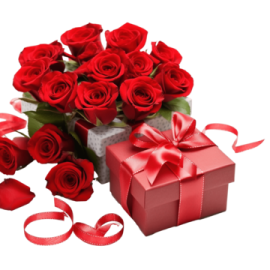 a bouquet of red roses and a gift box