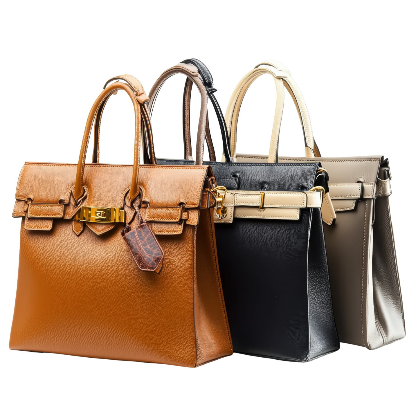 a row of hermes handbags