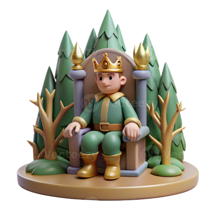 a figurin sitting on a throne surrounded by trees