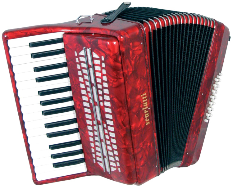 a red accordion with white keys