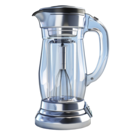 a glass blender with a metal handle