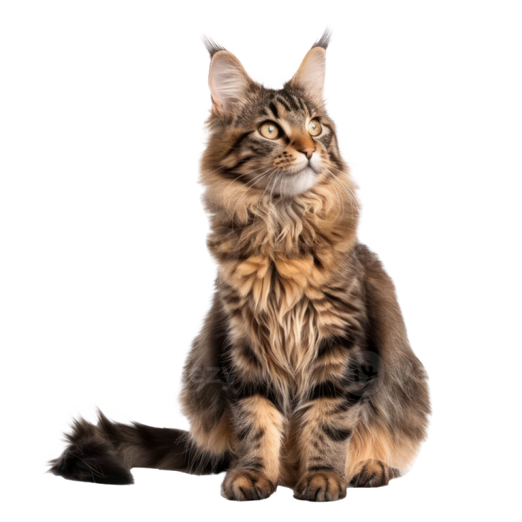 a long haired cat sitting down and looking up