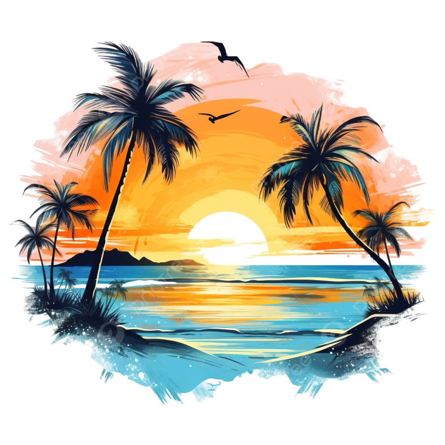 a tropical sunset with palm trees and birds