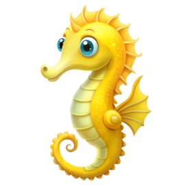 a yellow seahorse with blue eyes