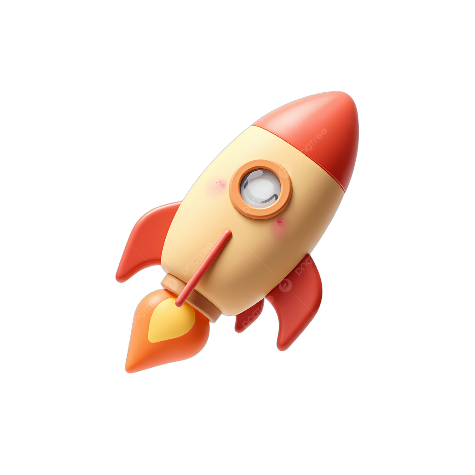 a red and yellow toy rocket on a white background