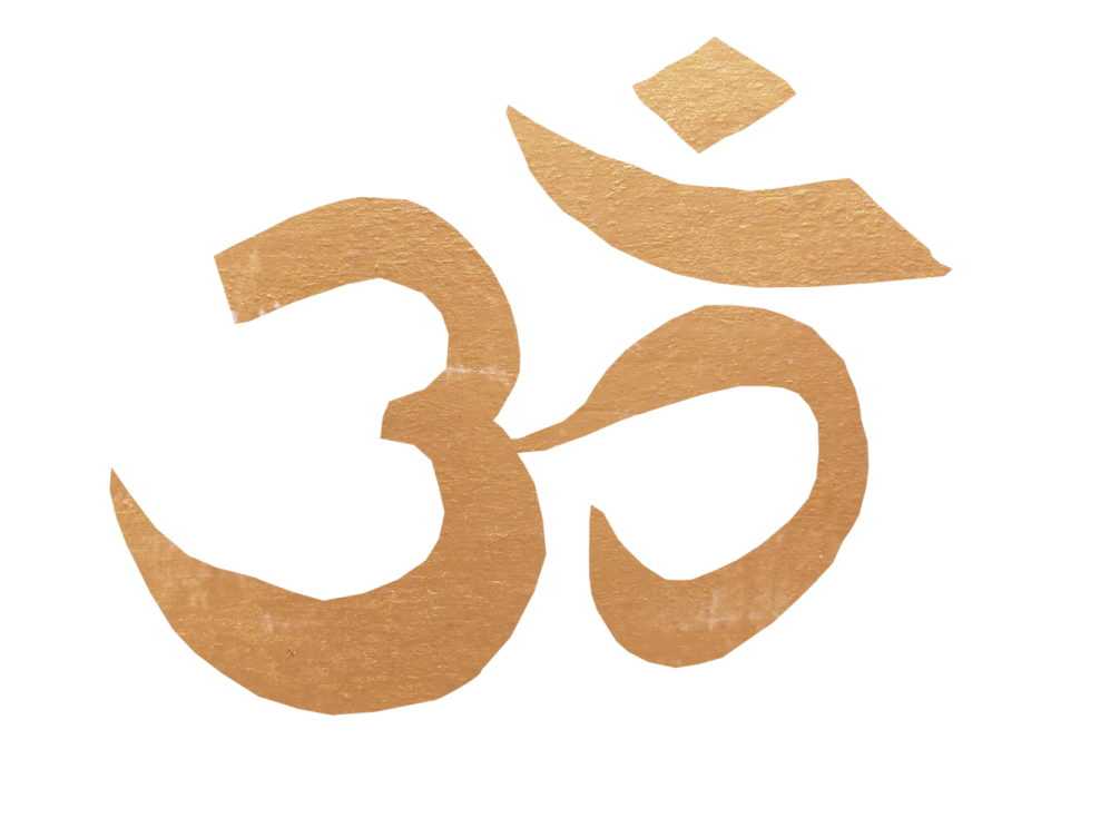 a gold om sign on a white background