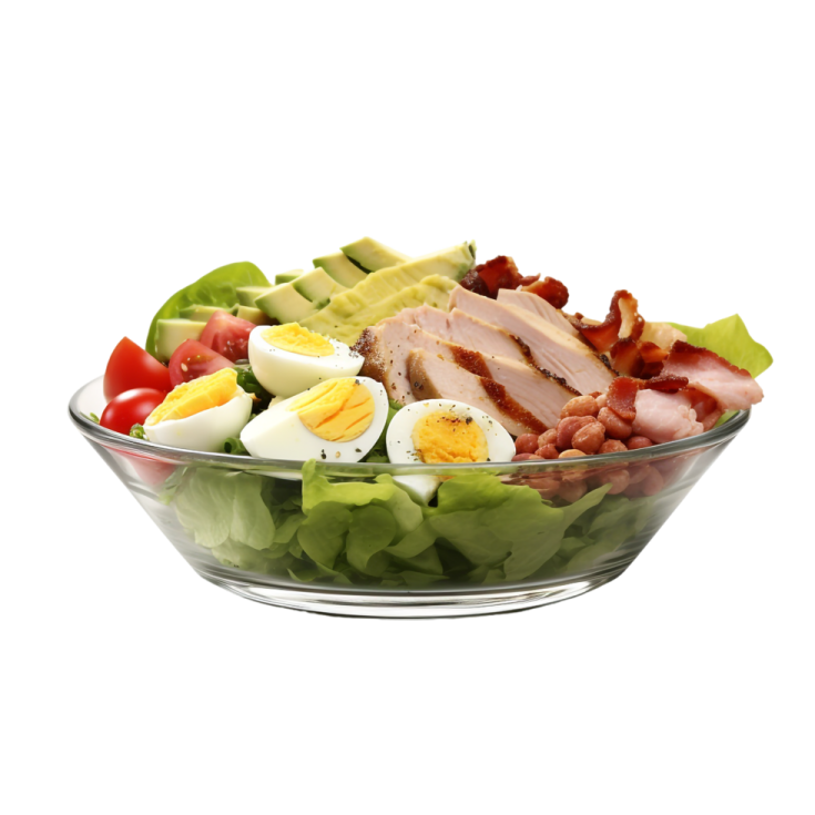 a salad with bacon, eggs and tomatoes in it