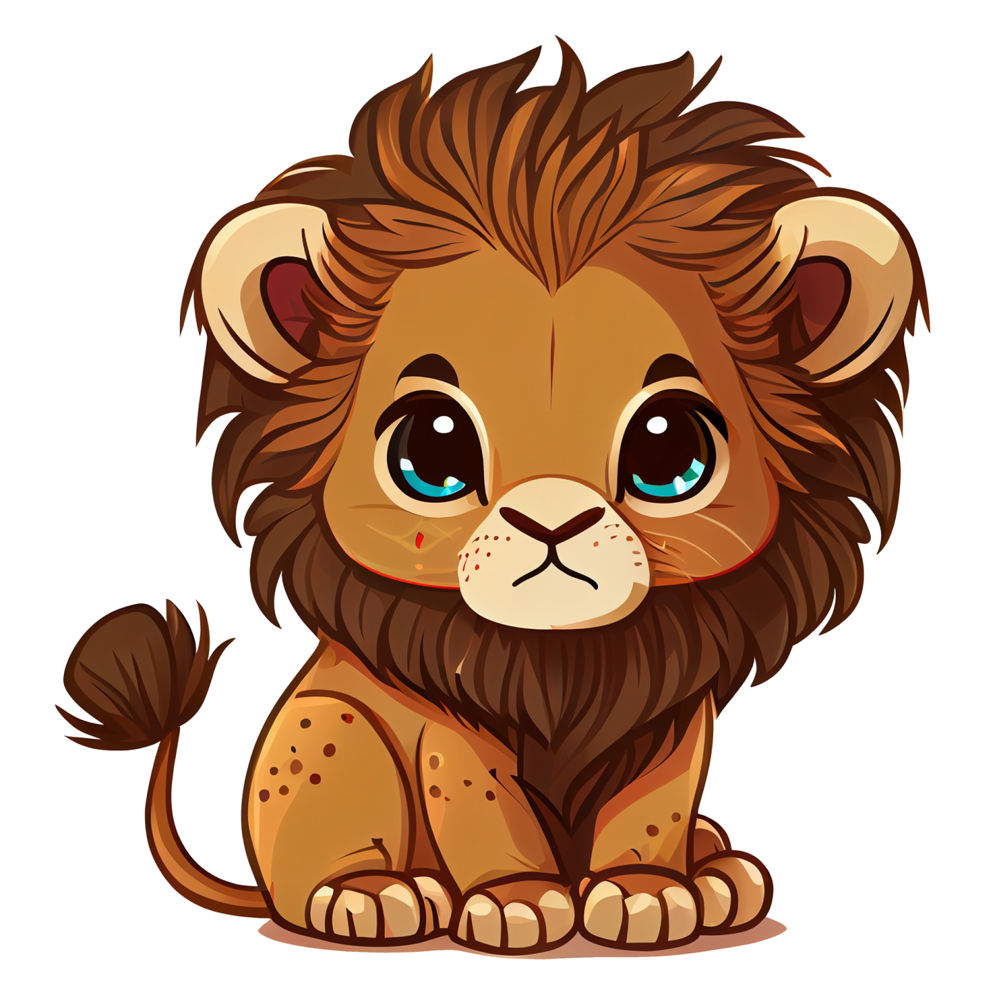 a cartoon lion with blue eyes sitting down