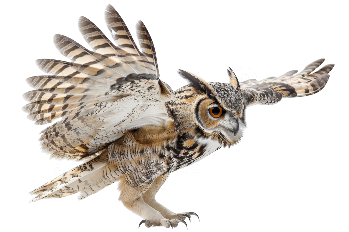 a short eared owl flying in front of a white background