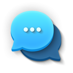 a blue speech bubble with two white bubbles