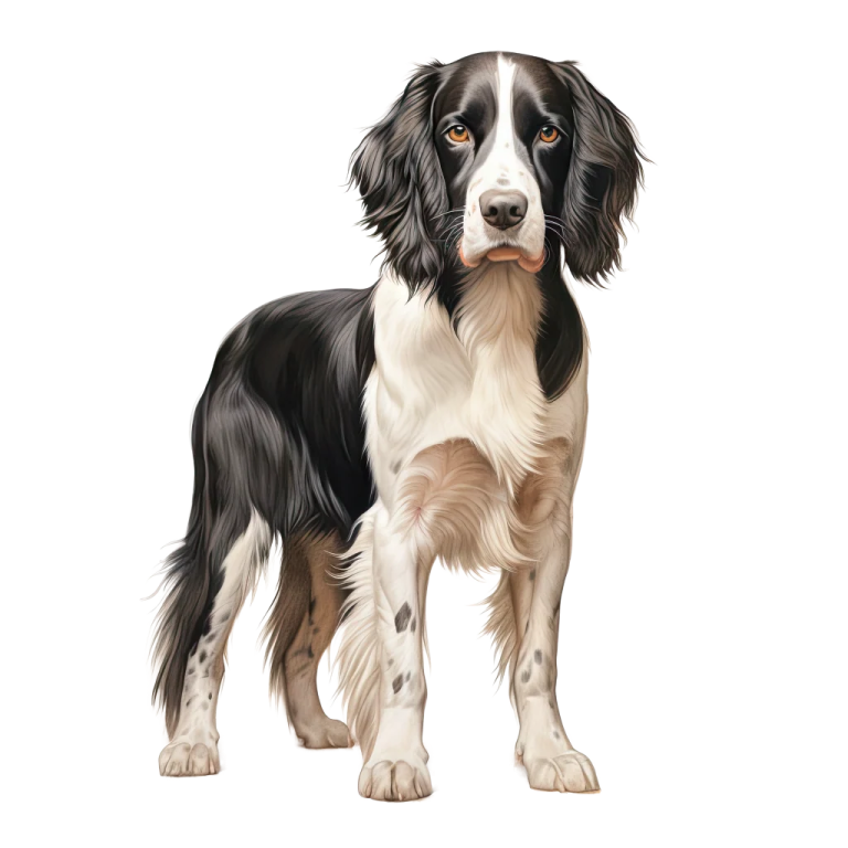 a black and white dog standing on a white background