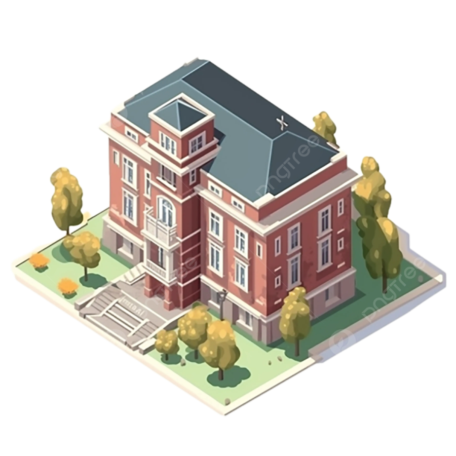 a red brick building with a blue roof and trees