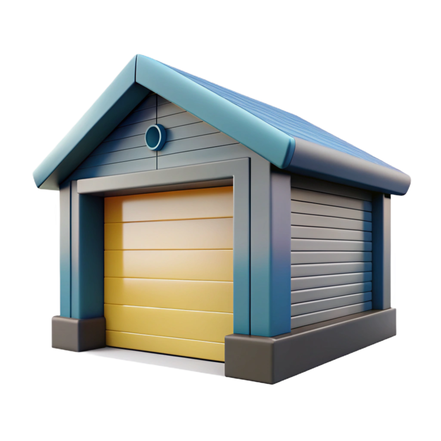 a garage with a yellow door and blue roof