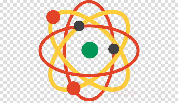 a red and yellow atom symbol on a transparent background