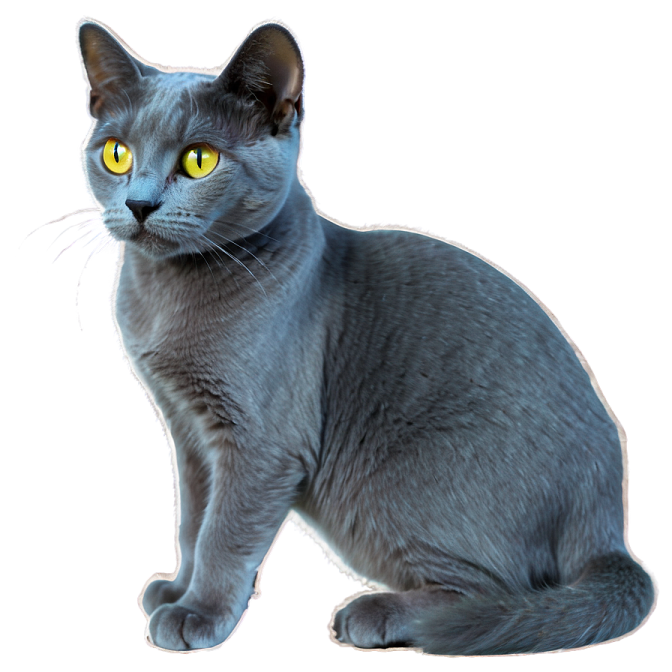 a gray cat with yellow eyes sitting down