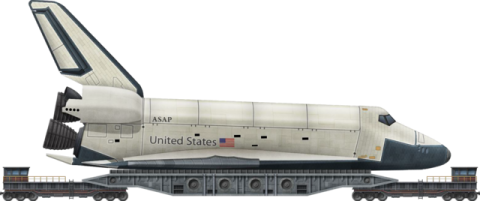 the space shuttle is sitting on top of a train