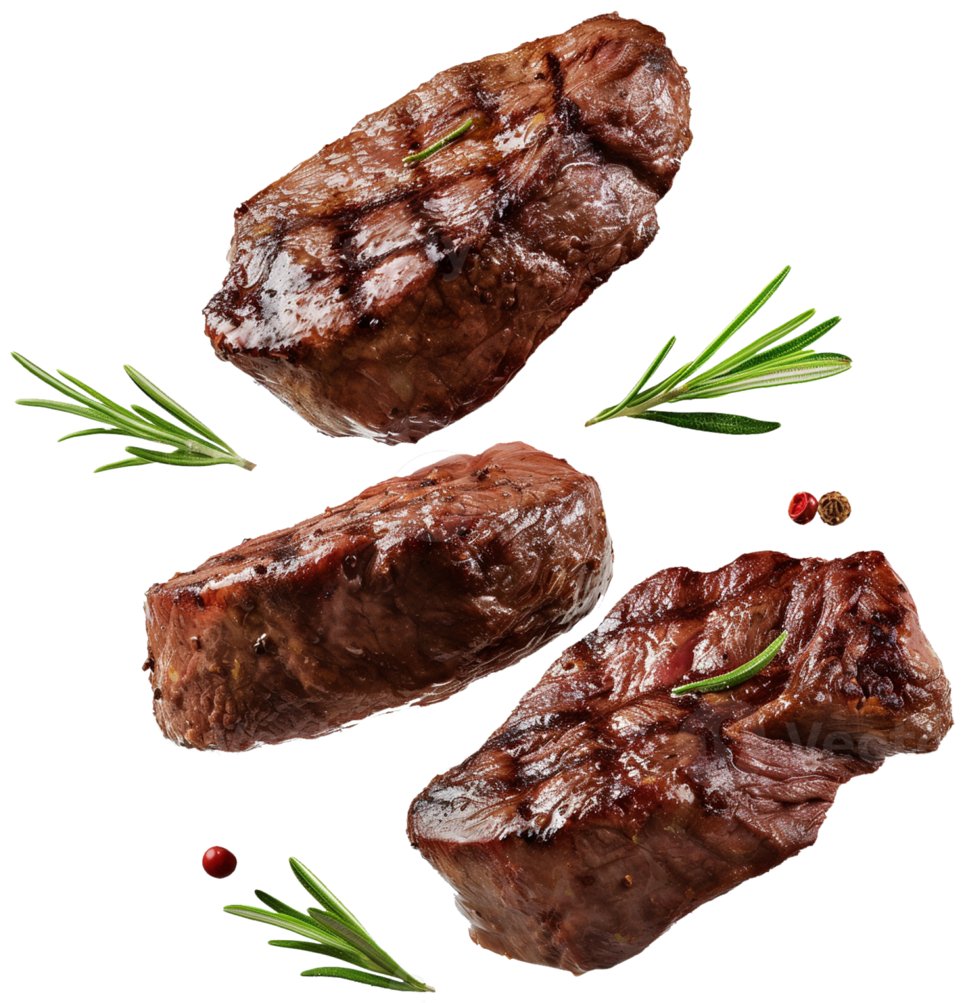 three pieces of beef on a white background