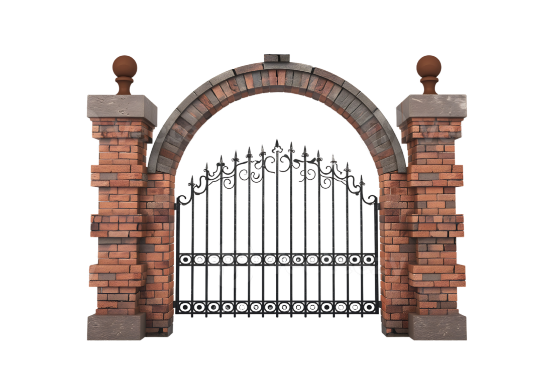 an iron gate with a brick wall