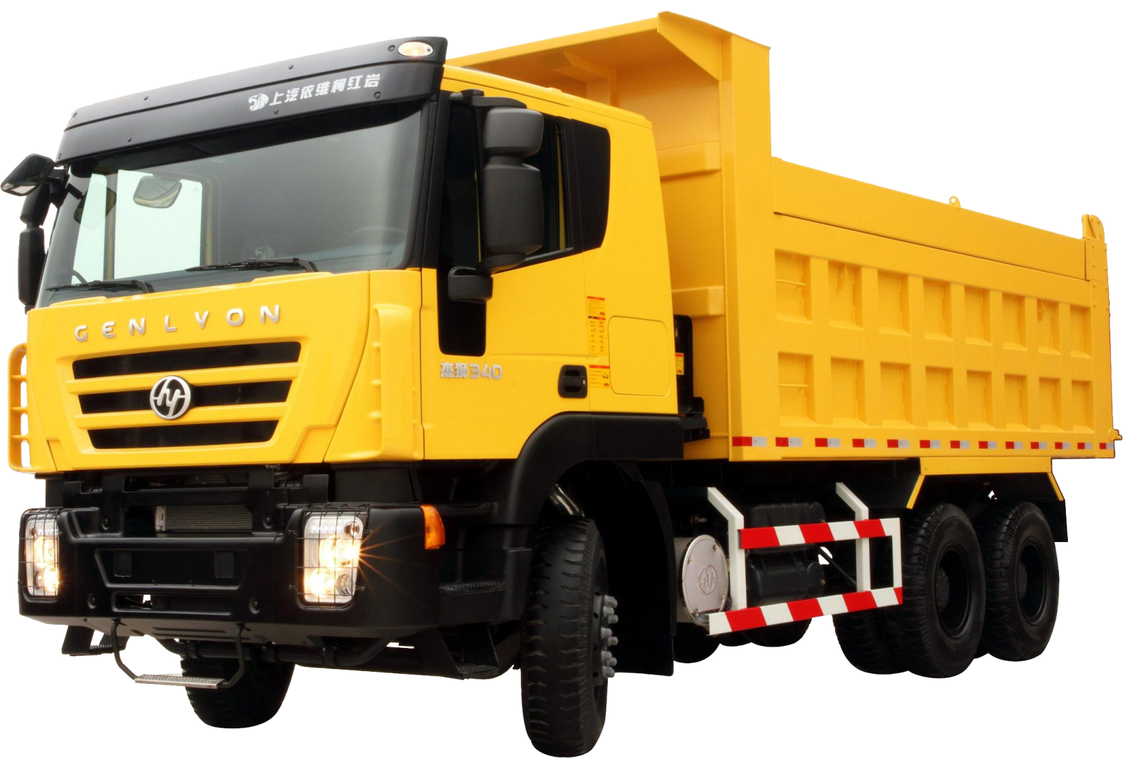 a yellow dump truck on a white background