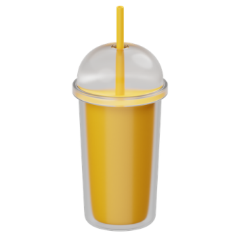 a yellow plastic cup with a straw in it