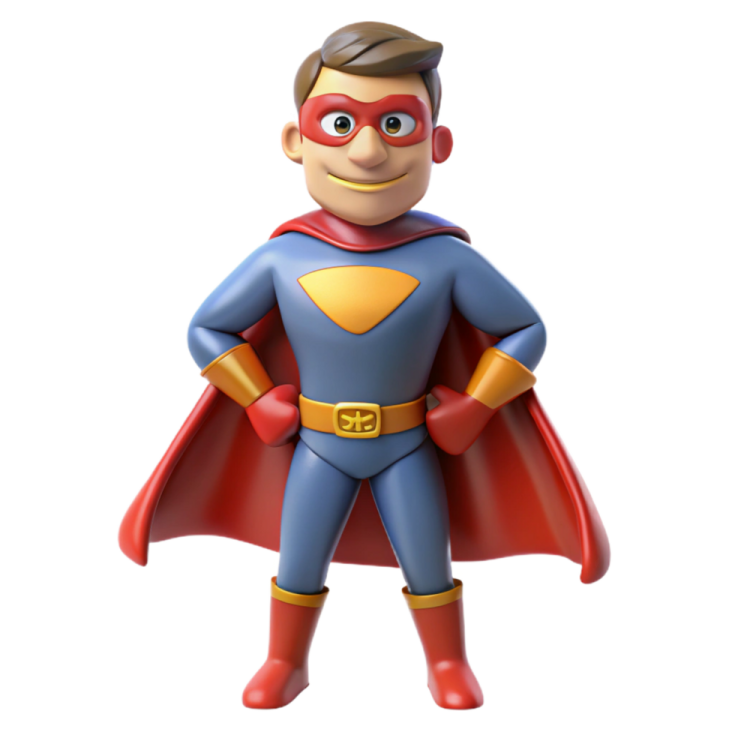 a cartoon character with a red cape and blue shirt