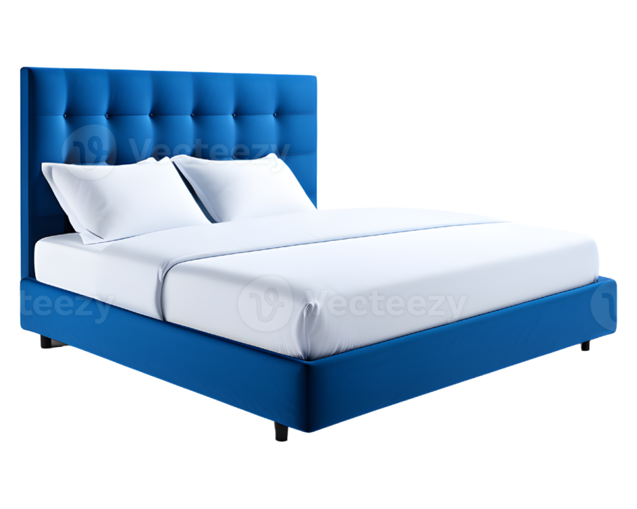 a blue bed with white sheets and pillows