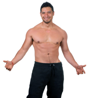 a man with no shirt standing in front of a white background