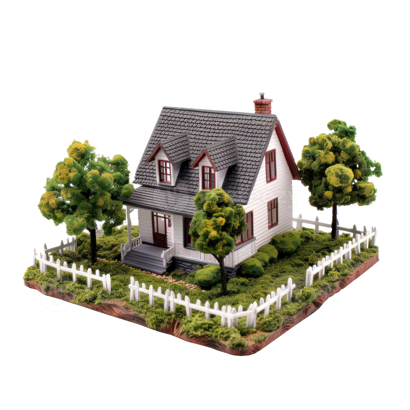 a small house with a white picket and trees