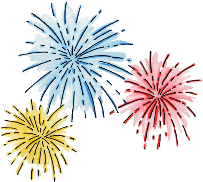 three watercolor fireworks on a white background
