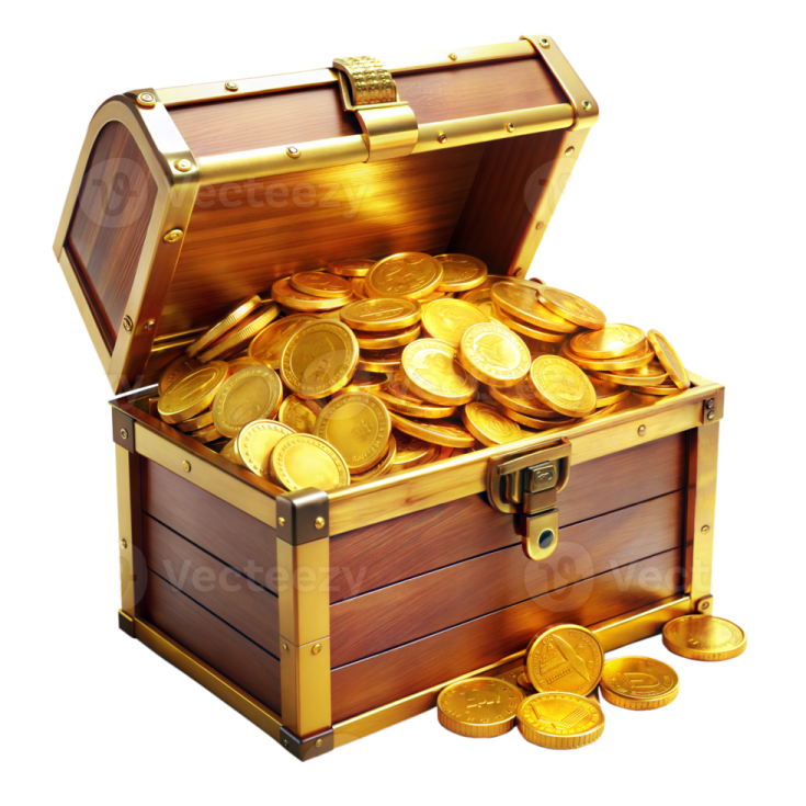 a wooden chest filled with gold coins