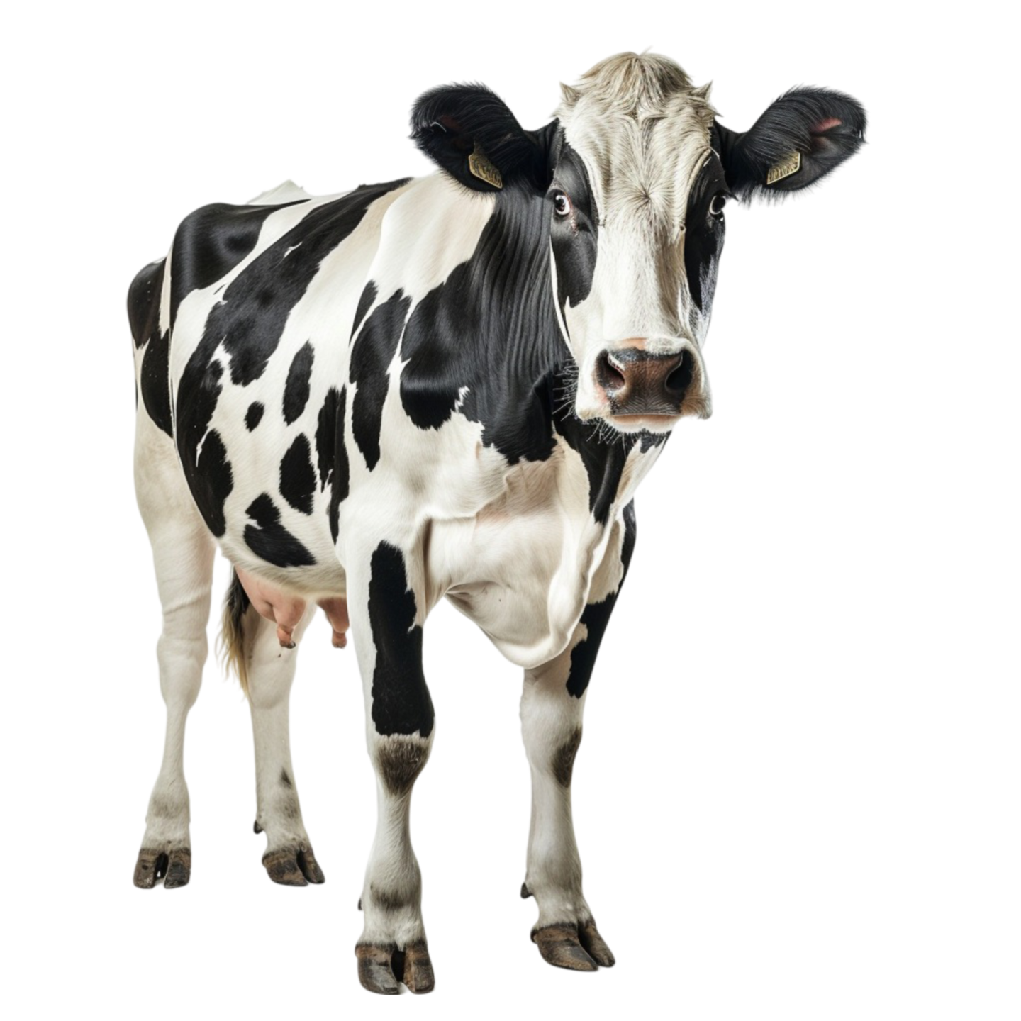 a black and white cow standing in front of a white background