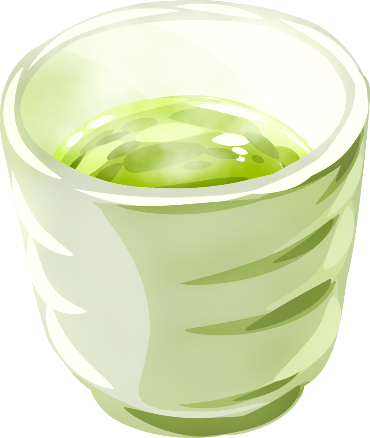 a glass filled with green liquid
