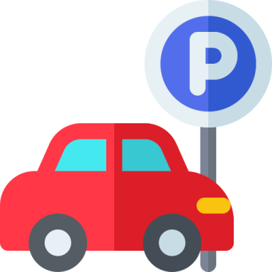 a red car next to a parking sign