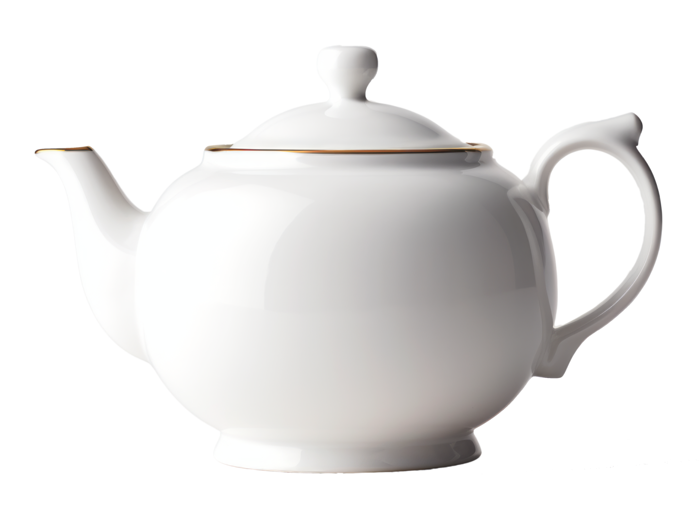 a white tea pot with a gold rim