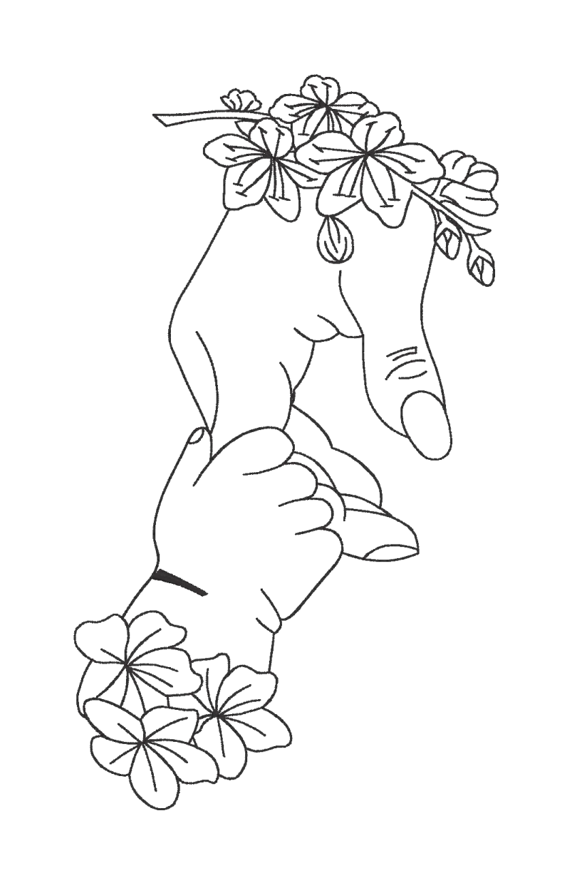 a black and white drawing of a woman with flowers