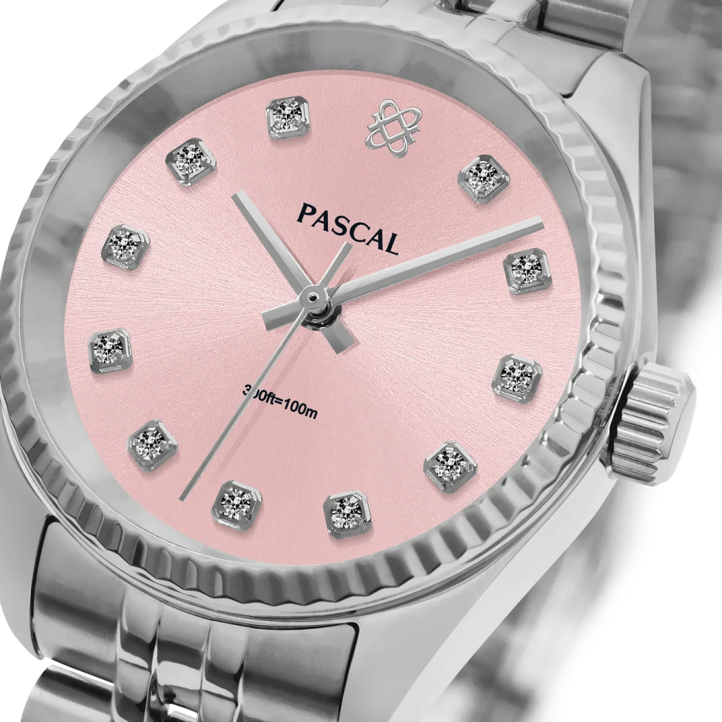 a pink watch with diamonds on the face
