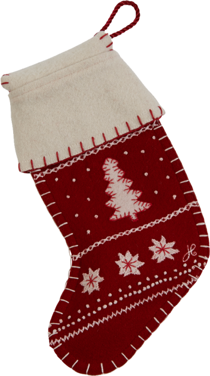 a red and white christmas stocking on a white background