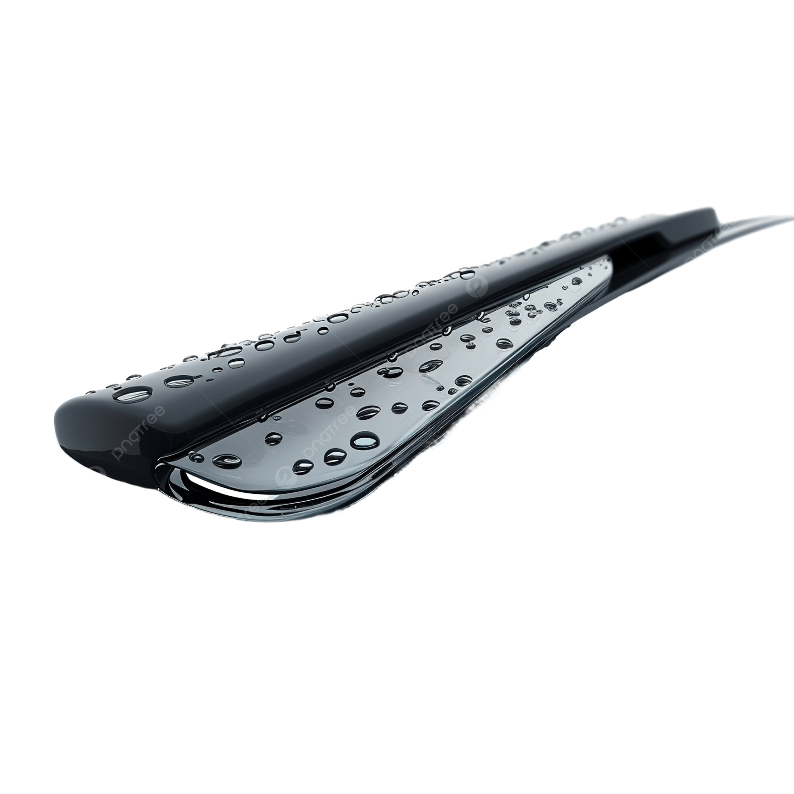 a close up of a black shower brush with water droplets