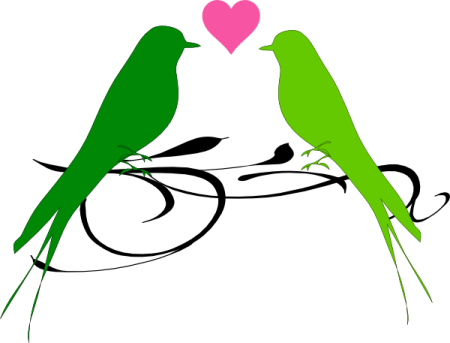two birds sitting on a branch with a heart
