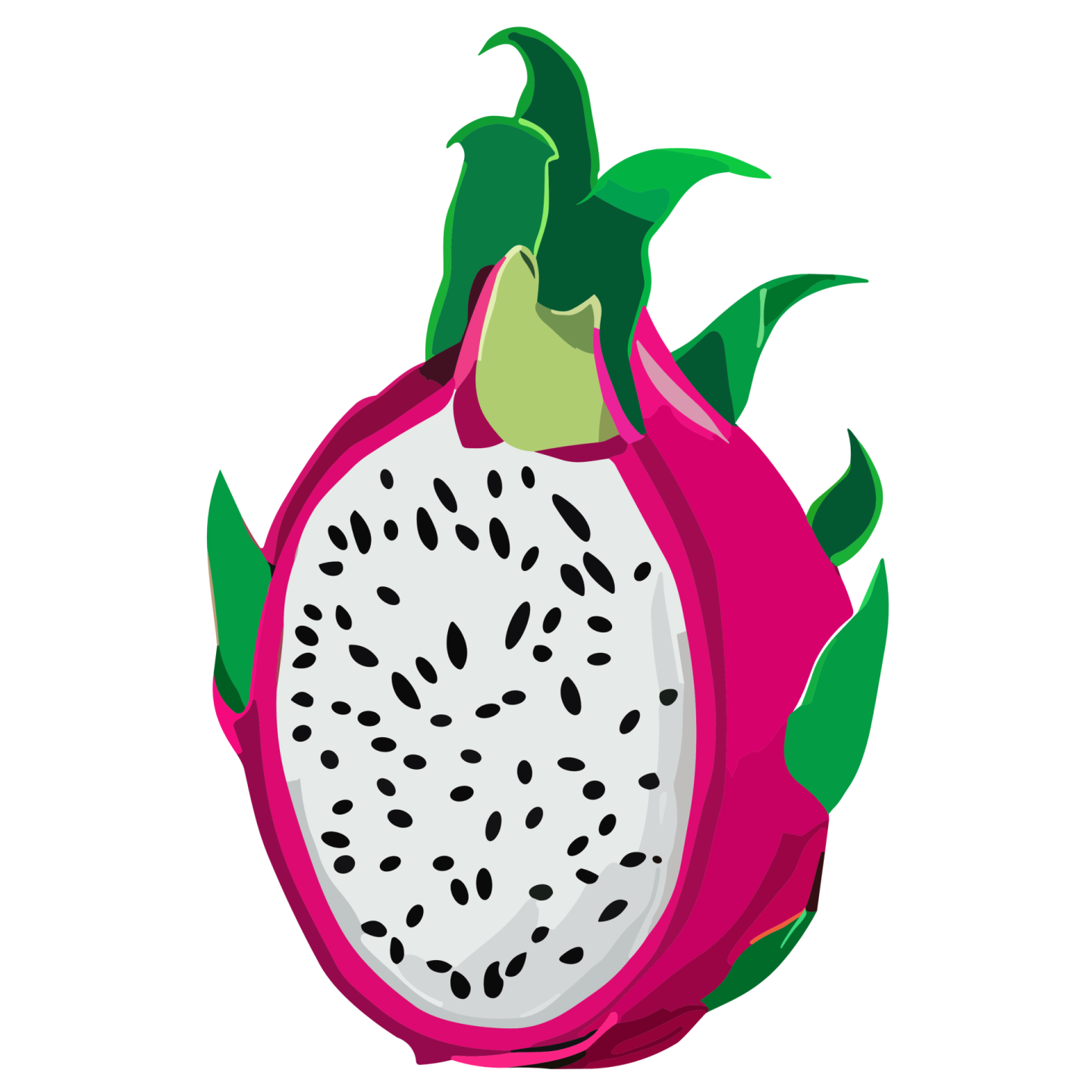 a dragon fruit with green leaves on it