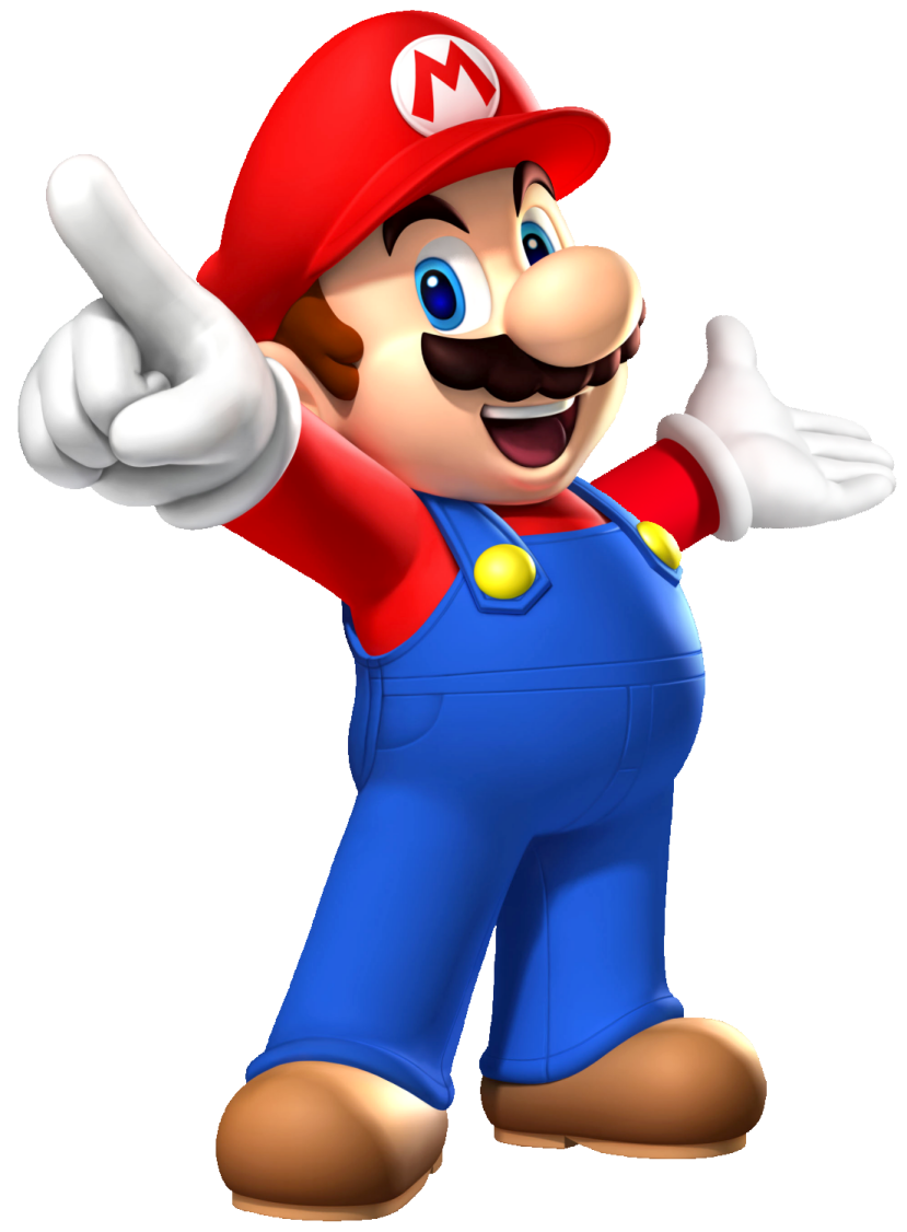 a cartoon character in a blue overalls and a red cap
