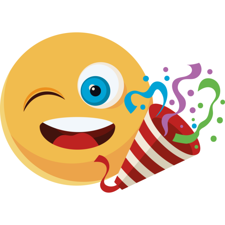a smiley with a party hat and streamers