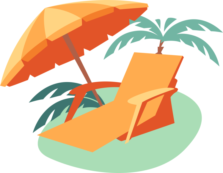 a beach chair with an umbrella and palm trees