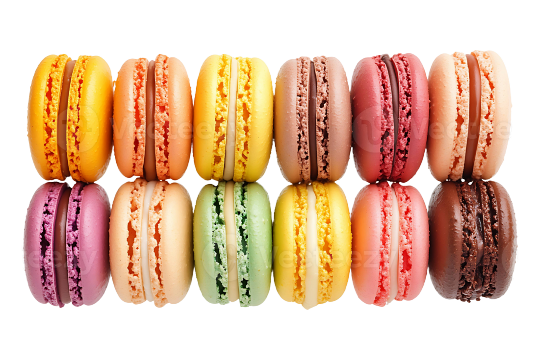 a row of colorful macarons on white background