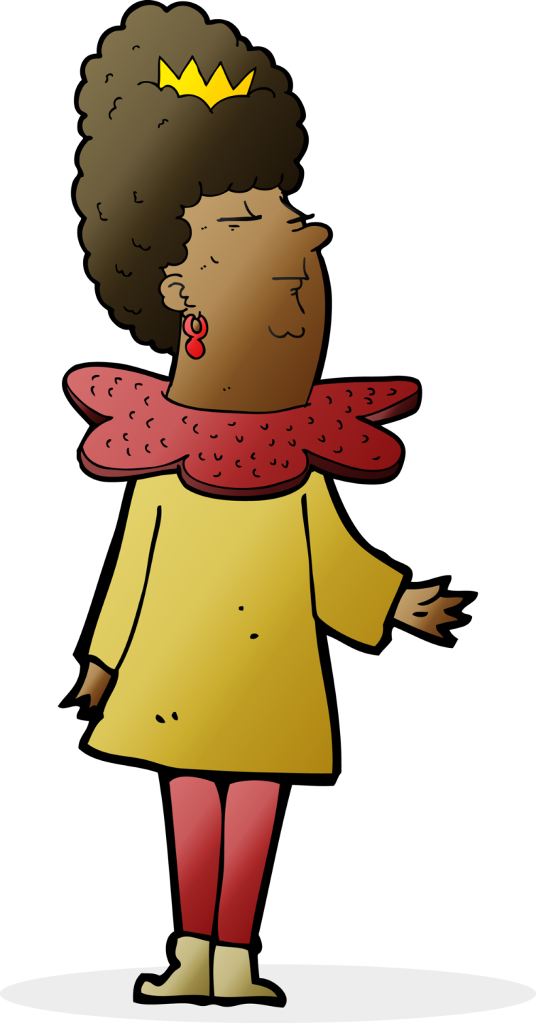 a cartoon woman wearing a crown and scarf