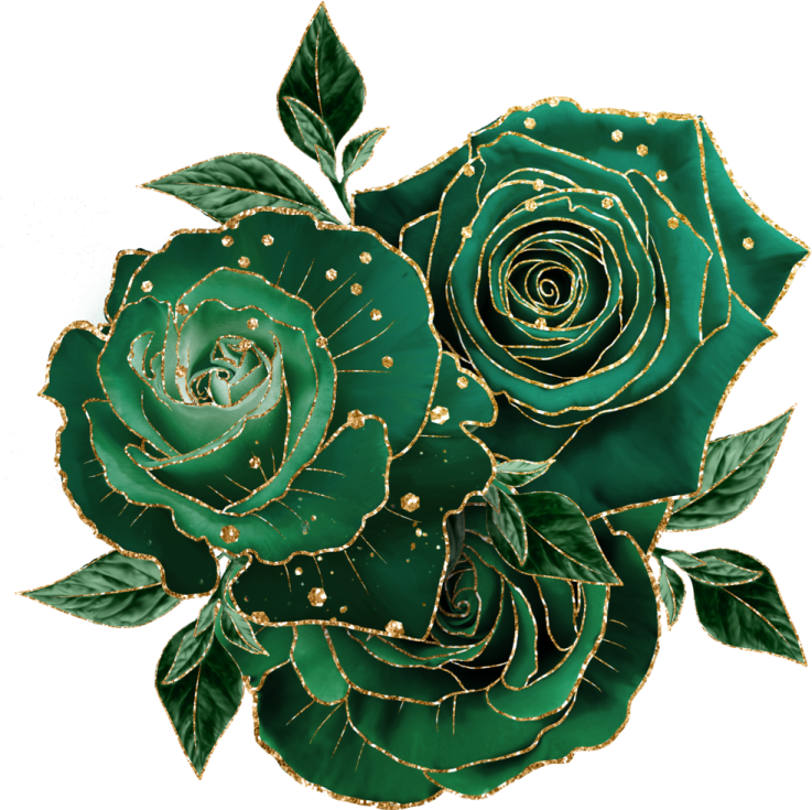 a green rose with gold accents